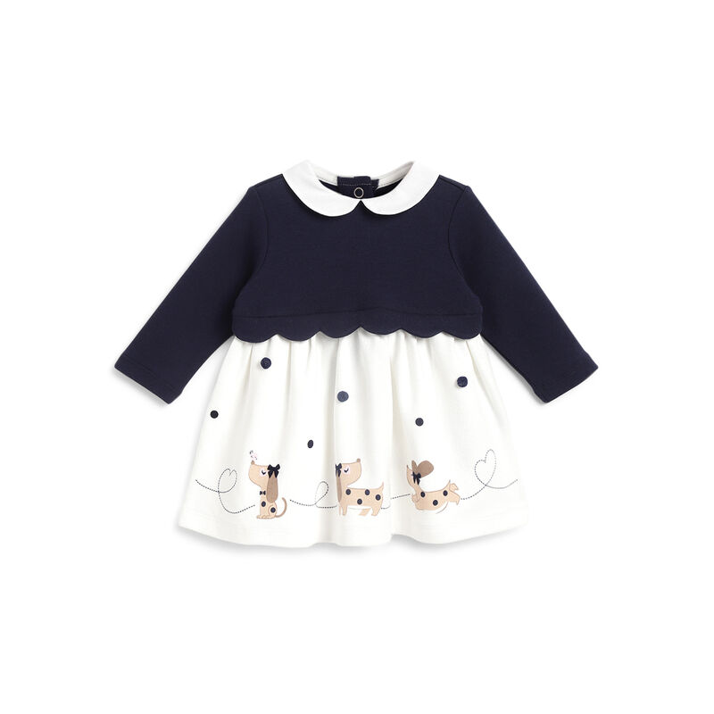 Girls White and Blue Printed Long Sleeve Dress image number 0